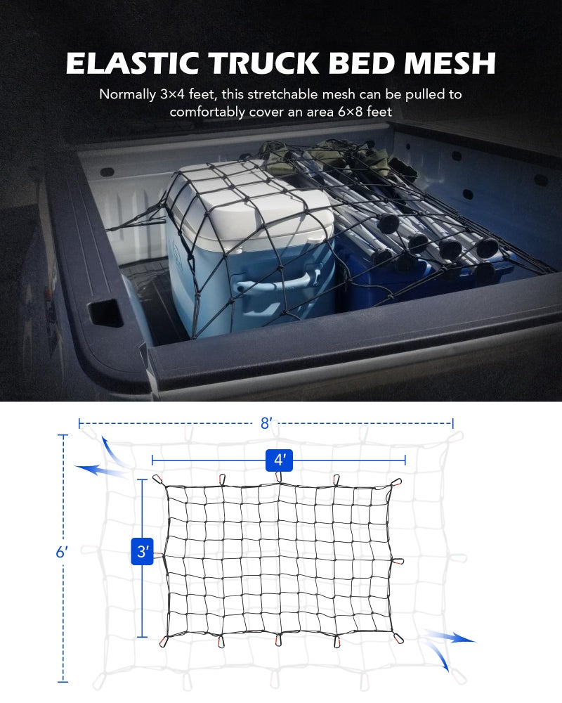 Orion Motor Tech Heavy Duty Cargo Net, 3' x 4' Bungee Cord Net Stretches to 6' x 8' for Pickups SUVs Vans Semis, Truck Bed Roof Rack Trailer Netting with Handmade Knotting 12 Carabiners Storage Bag - Image 4